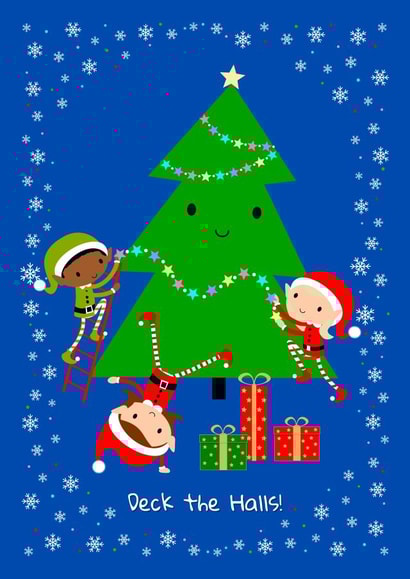 Cute Christmas Elves decorating the tree for families, children and grandparents created by Ozric's Cards