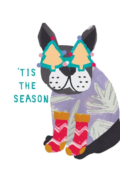 Cute Christmas Card for any dog lover- French Bulldog in xmas glasses created by Stop the Clock Design
