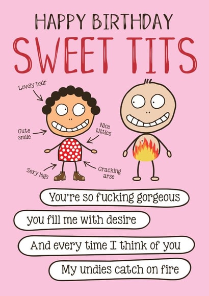 Happy Biirthday Sweet Tits - Funny Cartoon card created by Liverpool Card Studio