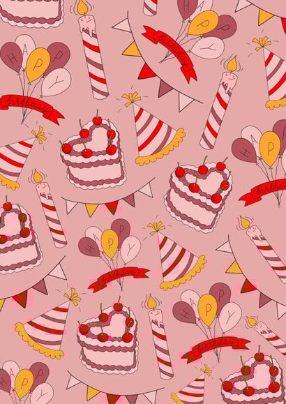 Cute Happy Birthday Card, Birthday Balloons, Vintage Cake, Party Hats created by Printed at the Disco