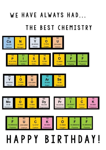 Funny rude chemistry birthday card for significant other ,best friend, sibling created by ChrystalWhiteDesigns