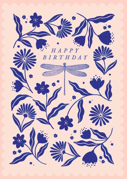 Pretty Happy Birthday Dragonfly Card - Floral - Flowers created by Paperlink and Meraki Greeting Cards
