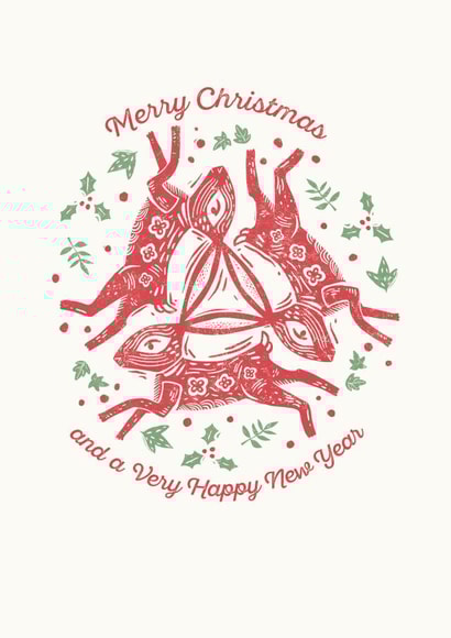 Traditional Christmas card - Festive Hares - by printmaker Ian Cunliffe created by Paper Bird