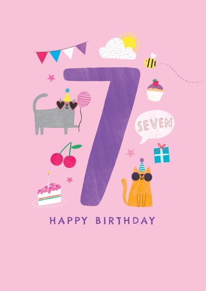 Cute 7th Birthday Card - Cats - 7 Years Old Today created by Paperlink and Meraki Greeting Cards