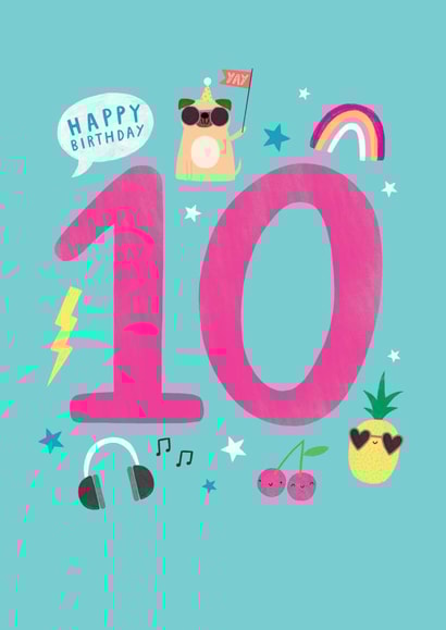Fun 10th Birthday Card - Pug - Dog - 10 Years Old Today created by Paperlink and Meraki Greeting Cards