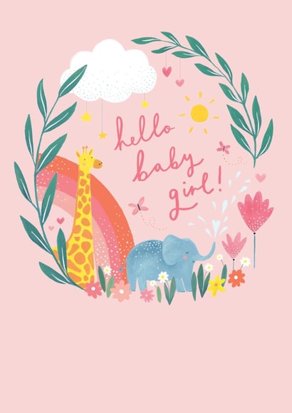 Cute Hello Baby Girl Card - Jungle Animals - New Baby created by Paperlink and Meraki Greeting Cards