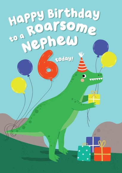 Cute Dinosaur Birthday Card - Roarsome Nephew - 6 today! created by Pixie Studio