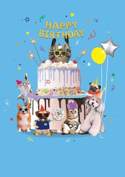 Fun Happy Birthday Card - Party Cats & Dogs created by Paperlink and Meraki Greeting Cards