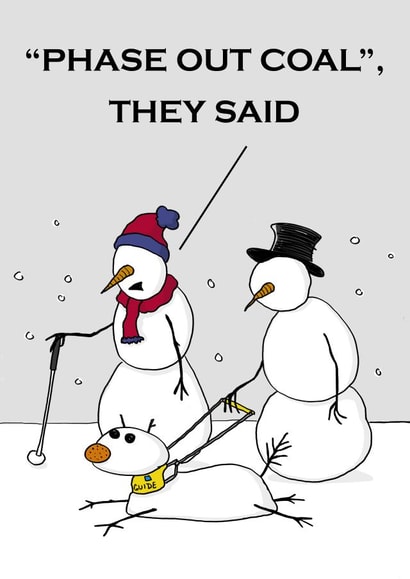 A funny cartoon Christmas card with snowmen thinking about net zero created by James Mellor