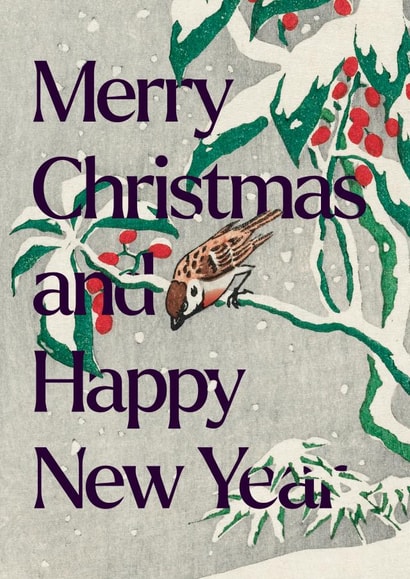 Modern Christmas card with vintage Japanese illustration of a snowy robin bird created by Matt Windsor