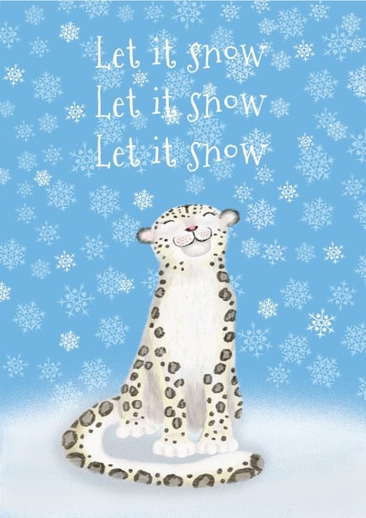 Cute Christmas card featuring a smiling snow leopard surrounded by snowflakes created by LeopardyNonsense