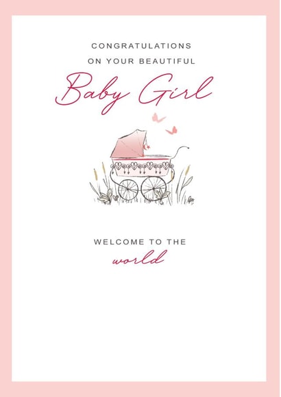 New Baby Girl card - sweet pink pram - welcome to the world created by Orchard Design House