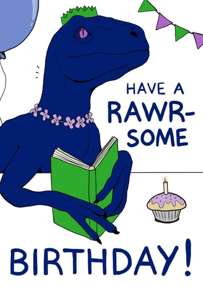 Reading Velociraptor Birthday Card created by Goblin Kreations