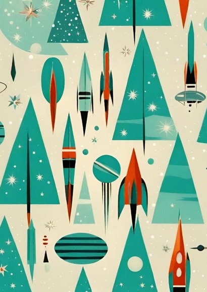 Cute classic mid century modern atomic Christmas rocket ship card created by Atomicai Designs