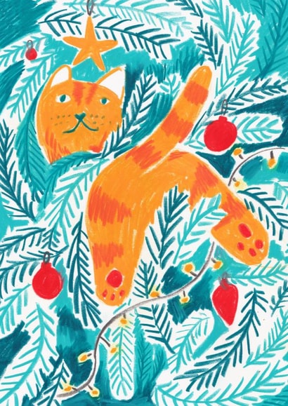 Christmas Cat stuck in the tree, for the cat lover in your life. created by Mira.Sol.Rae