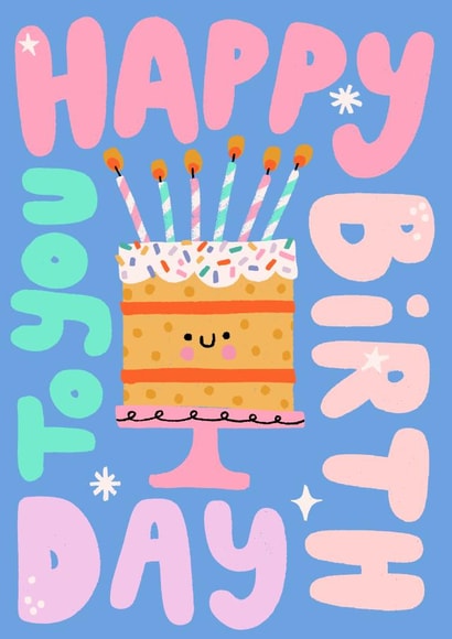 Cute & Funny Birthday Card For a Happy Cake Loving Friend created by by Rosie Banton