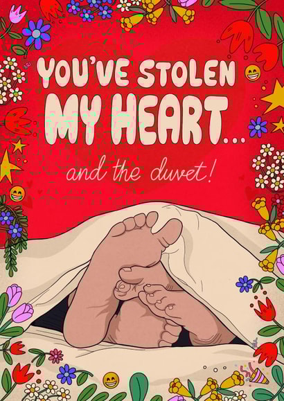 Cheeky Anniversary or Valentine's Day card - snuggling feet - Stolen Heart & Duvet created by Kasia Cards