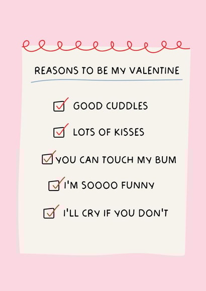 Cute Reasons To Be My Valentine Checklist Valentines Card created by Puns and Needles