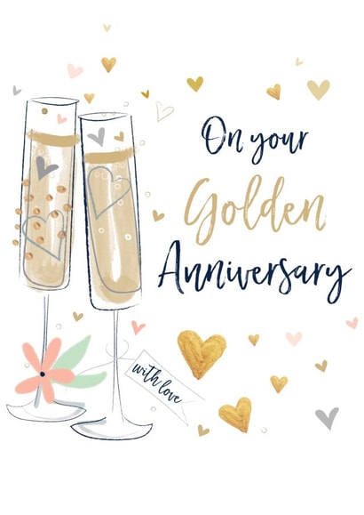 Golden Wedding Anniversary Card - with gold hearts and glasses created by Katie Phythian Design