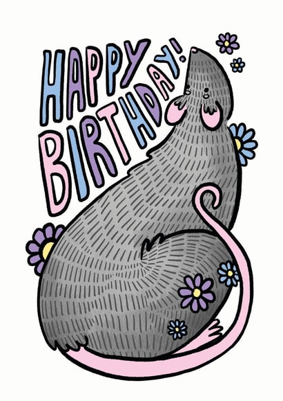 Cute Happy Birthday Card - Illustrated Rat created by Kate Wand