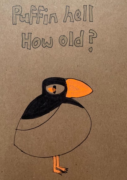 Puffin hell - Humorous birthday card for friends or family of any age created by Jane Dennis Art
