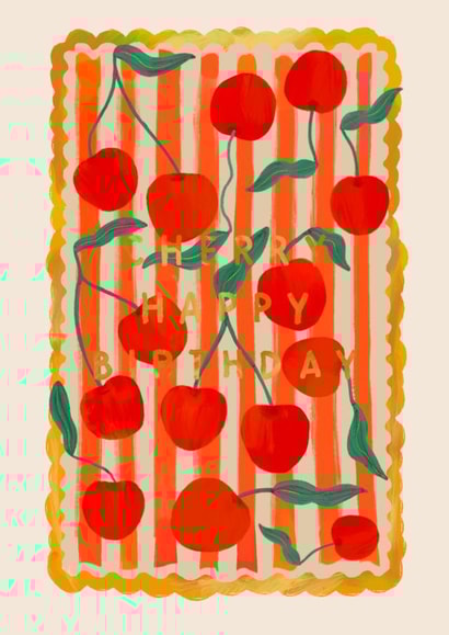 Cute Cherry happy birthday card for funky friend, happy birthday for her created by Kate Fox