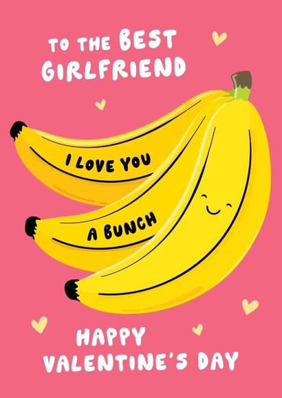 Cute Girlfriend Valentine's Card - Love You A Bunch - Bananas Pun created by Fliss Muir