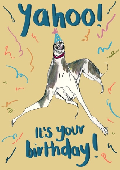 Funny dog birthday featuring a greyhound in a hat created by Harriet Lowther