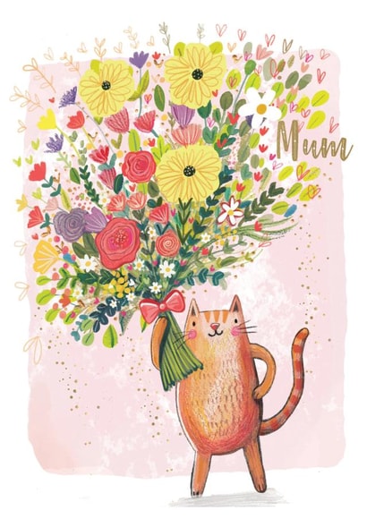 Cute Mothers Day card - Illustrated Cat and floral bouquet created by Sally Darby Illustration