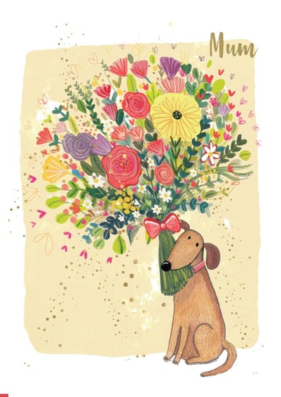 Cute Mothers Day card - Illustrated Dog and Floral Bouquet created by Sally Darby Illustration