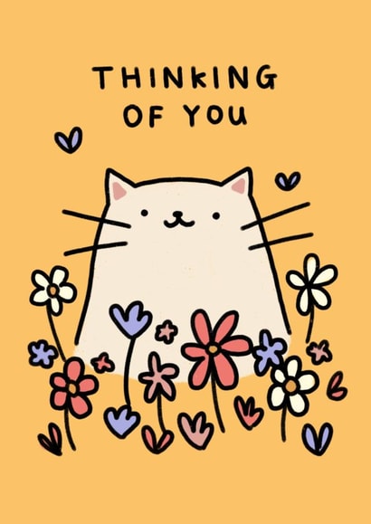 Cute Thinking of You Card - White Cat, Flowers, Butterflies created by Wren & Wilson