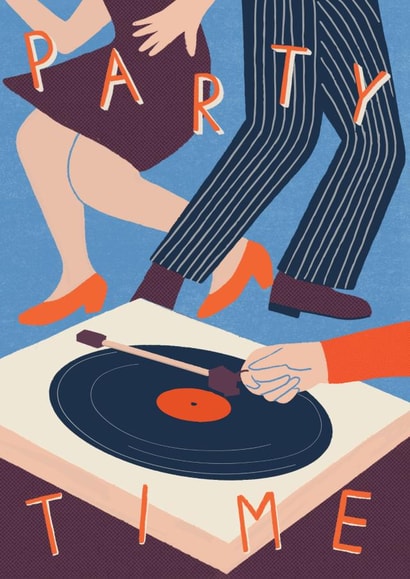 Retro Happy Birthday Card - Party time - Vinyl lover created by Laura Darrington Design Ltd.