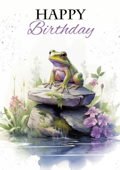 Happy Birthday Frog Sitting on a Rock with Flowers and Pond created by Tanya Hall
