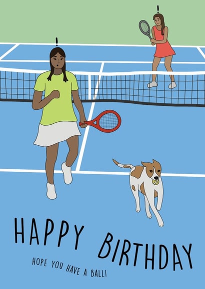 Punny Birthday Card - Dog Stealing Tennis Ball -Tennis Game created by Erin O'Farrell