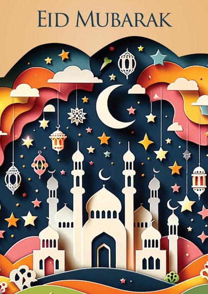 Elegant Eid Mubarak Card – Mosque & Crescent Moon – Festive Celebration created by Dottie Mottie