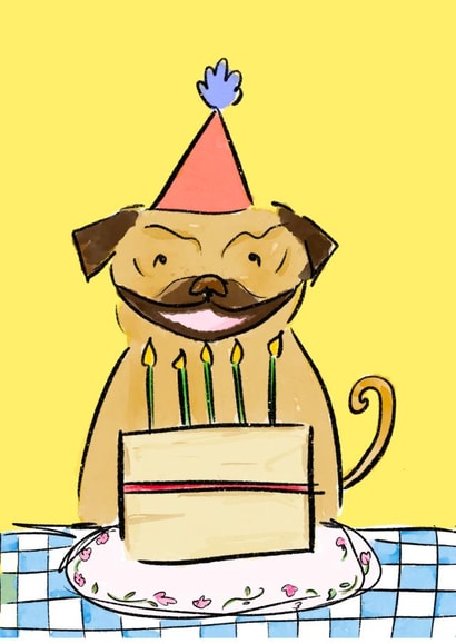 Funny Birthday Card - Pug with Cake created by Bellynam Studio