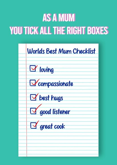 Cute Mother's Day Card For Mum - Checklist - "Worlds Best Mum" created by Tiny Stamp