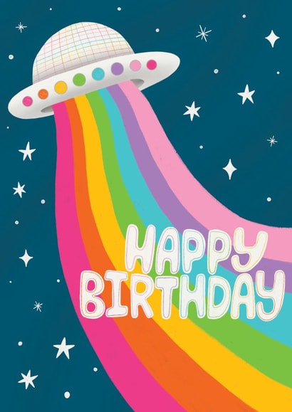 Pretty Happy Birthday Card - Rainbow spaceship - UFO created by Hollie McManus Illustration