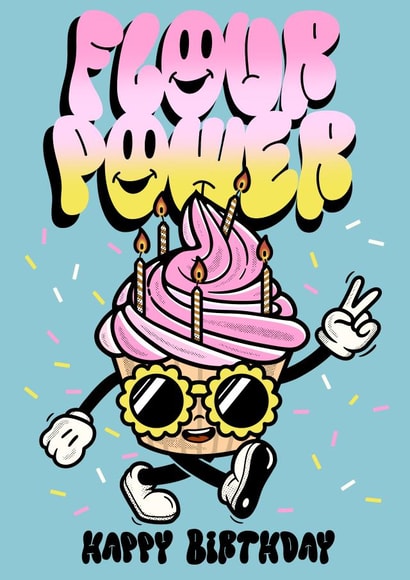 Flour Power cute cupcake mascot birthday card created by Foxx & Raccoon
