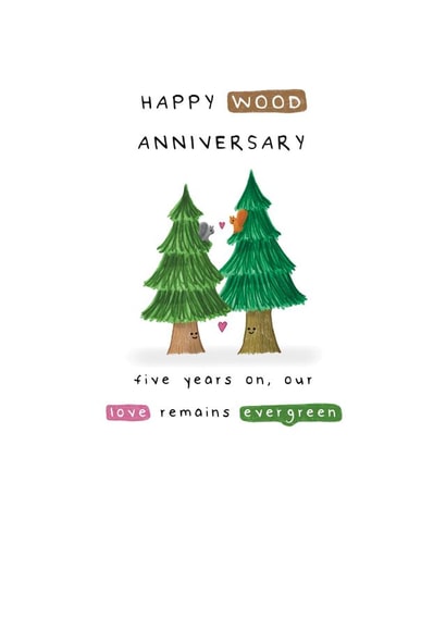Cute Anniversary Card - Evergreens & Squirrels - Wood - 5th created by Larry the Match