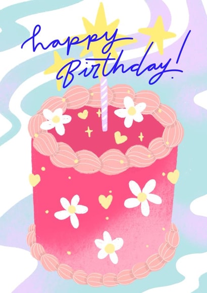 Colourful Pastel, vibrant and Fun Happy Birthday Cake Card created by Emily Hline Illustration