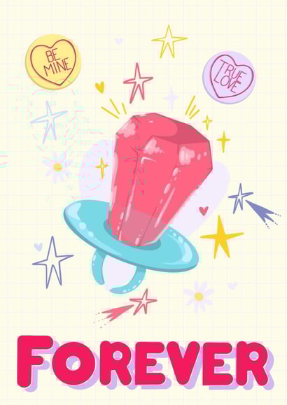 A Fun Pastel Retro Candy Sweet Ring Forever Engagement/Wedding card created by Emily Hline Illustration