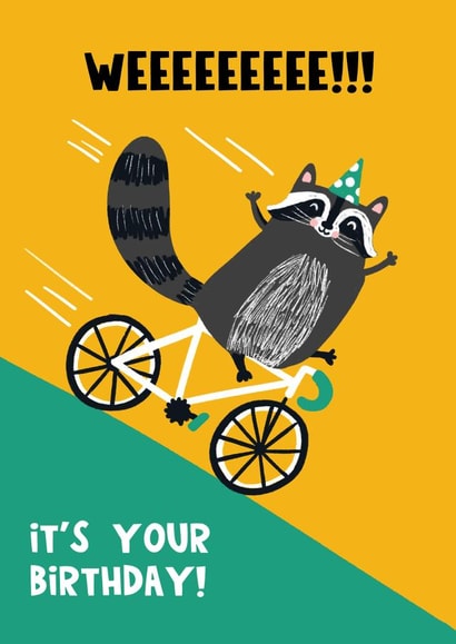 Funny Birthday Card - Raccoon Riding A Bike created by Lucy Maggie Designs