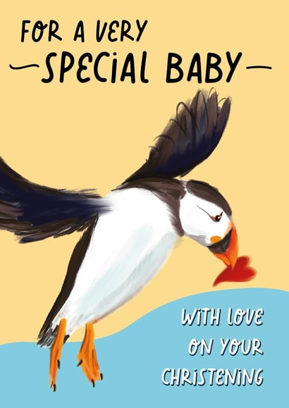 Cute Christening Card - Bird with heart - Puffin - Christian created by Afewhometruths