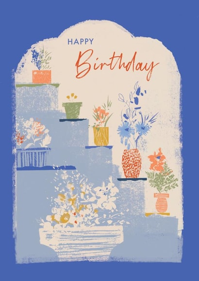 Classic Birthday Card - Pots on Steps - Playful Illustration created by Rebecca Prinn