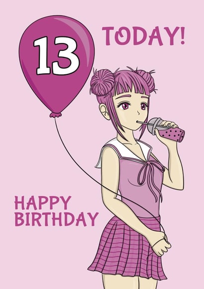 Cute Birthday Card - For A Girl - 13th - Anime & Bubble Tea created by @Cupsie's Creations