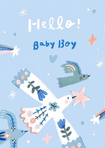 Pretty New Baby Card - Baby Boy - Stars and Birds created by Miss NoProblem
