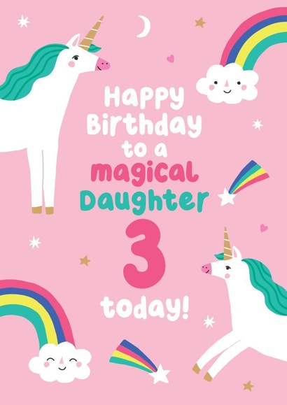 Cute Unicorn Birthday Card - For Daughter - 3 Today created by Pixie Studio