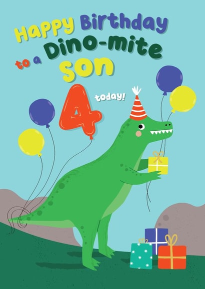 Cute Dinosaur Birthday Card - Son - Dinomite Son - 4 Today! created by Pixie Studio