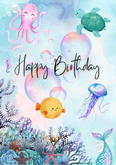 Cute watercolour style Under the Sea birthday card for a child created by Arabella Allen